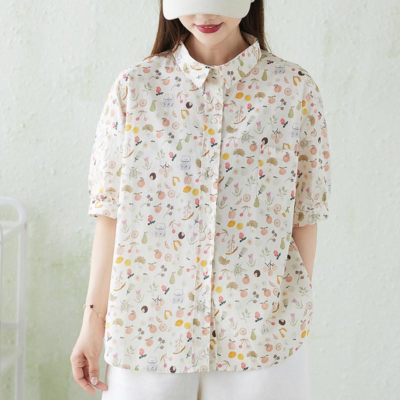 DIMANAF 2026 Plus Size New Summer Women Blouse Shirt Short Sleeve Beach Print Floral Casual Loose Cotton Lady Tops Tees Shirts
