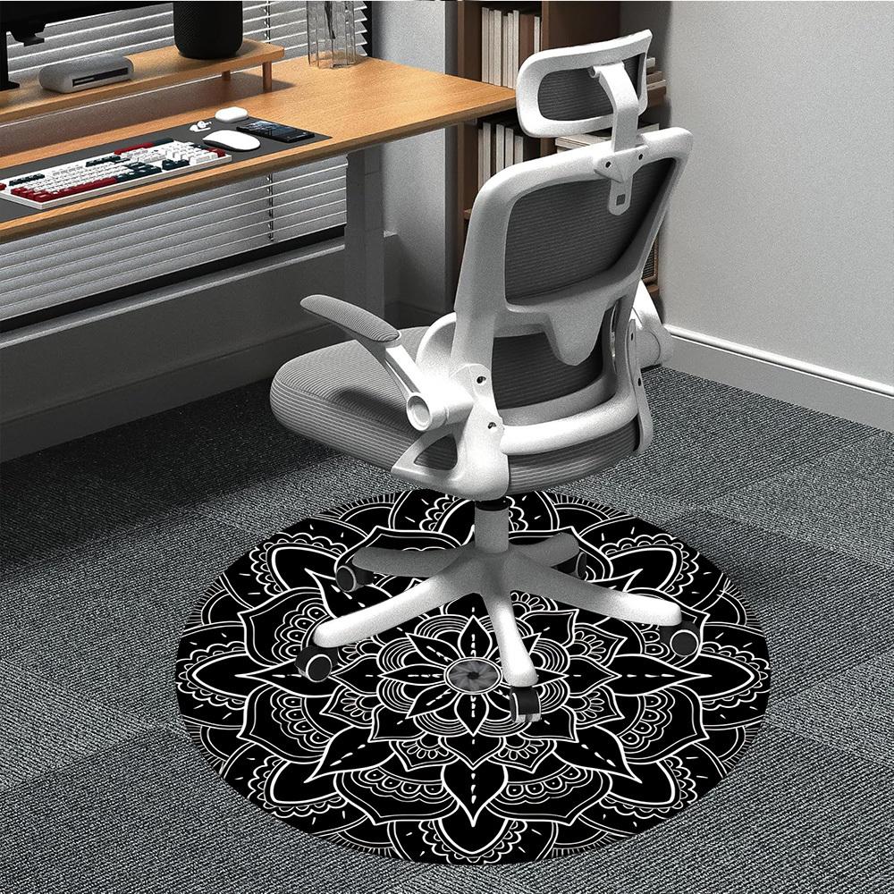 1pc Black Mandala Chair Carpet for Office, Round Non Slip Durable Large Size Office Carpet, Suitable for Office