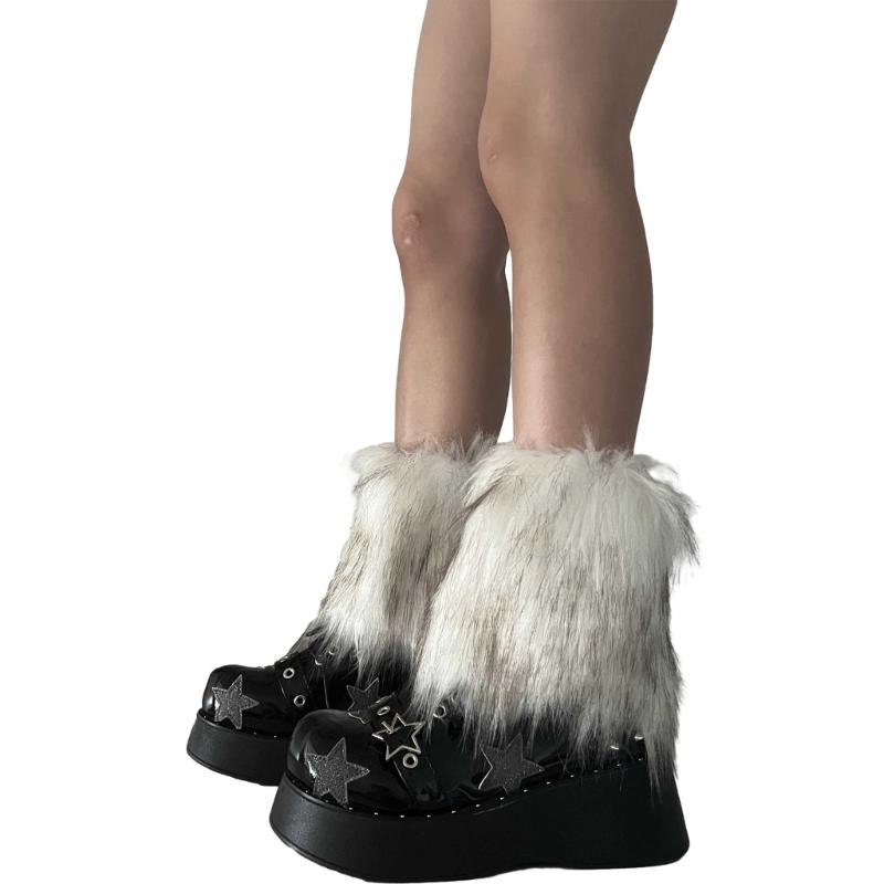 Fuzzy Faux Furs Leg Warmers Furs Heels Long Boots Cuffs Cover Has Elastic One Pair Carnivals Boot Cover Y2K JK Uniform