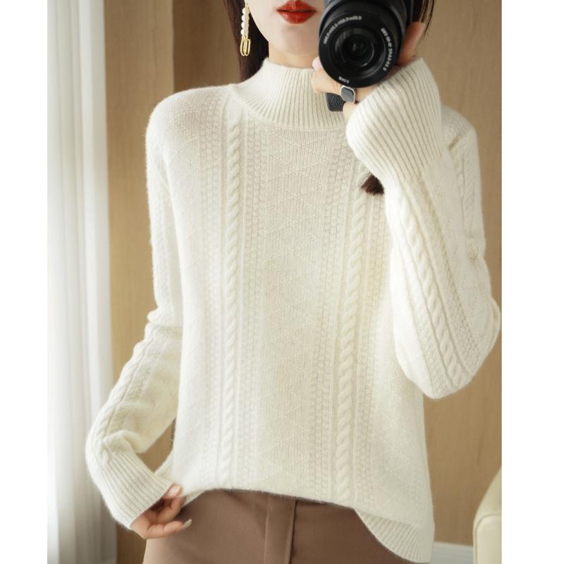 High Neck Vertical Stripe Jacquard Wool Sweater - Fashionable Cable Knit Cashmere Knitwear