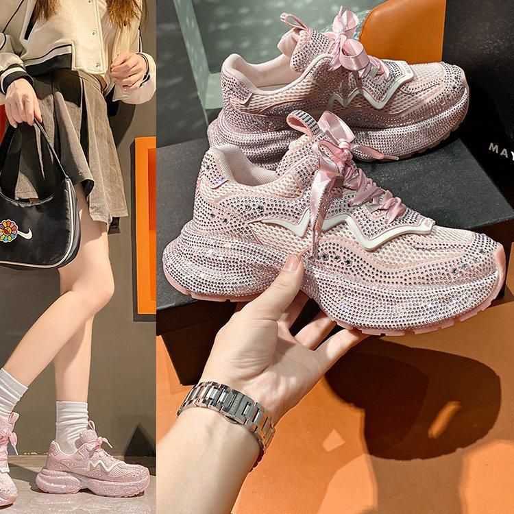 Gypsy rhinestone thick-soled dad shoes for women's autumn new mesh breathable heightening sneakers for women