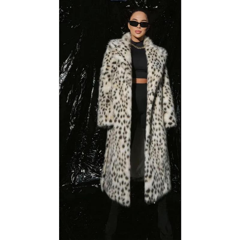 

Осенне-зимнее новое женское пальто со средней длиной и длинным воротником-стойкой с леопардовым принтом, пальто из искусственного лисьего меха S