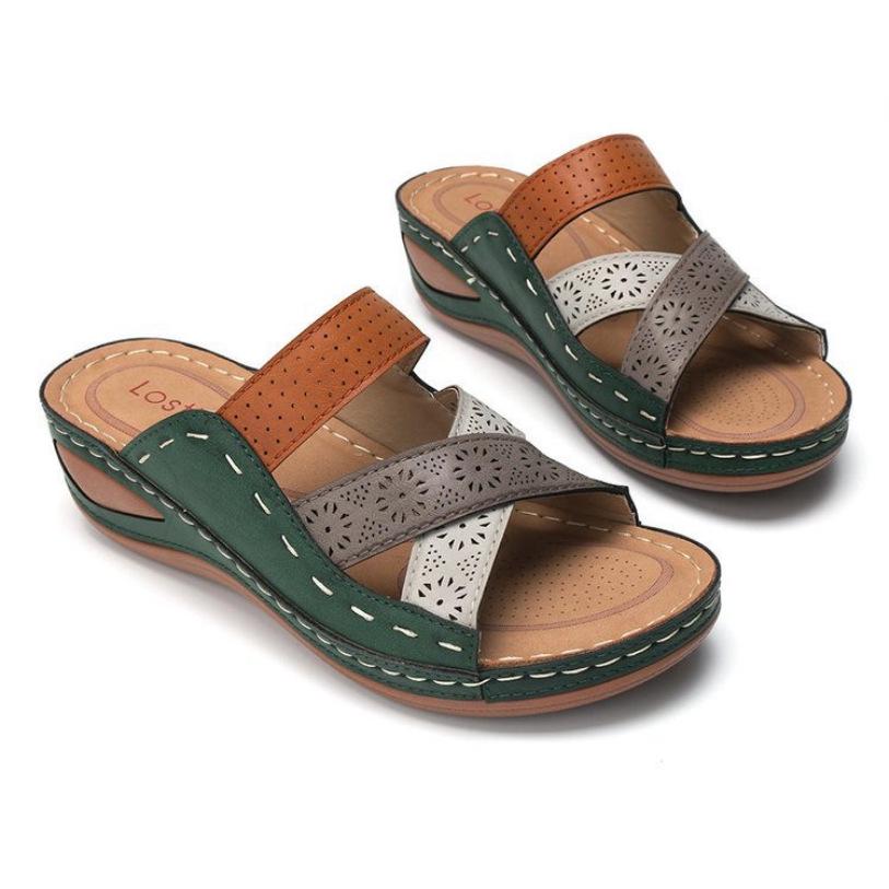 2025 Summer Women's Wedge Sandals: European & American Style, Color Block, One-Strap Design, In Stock