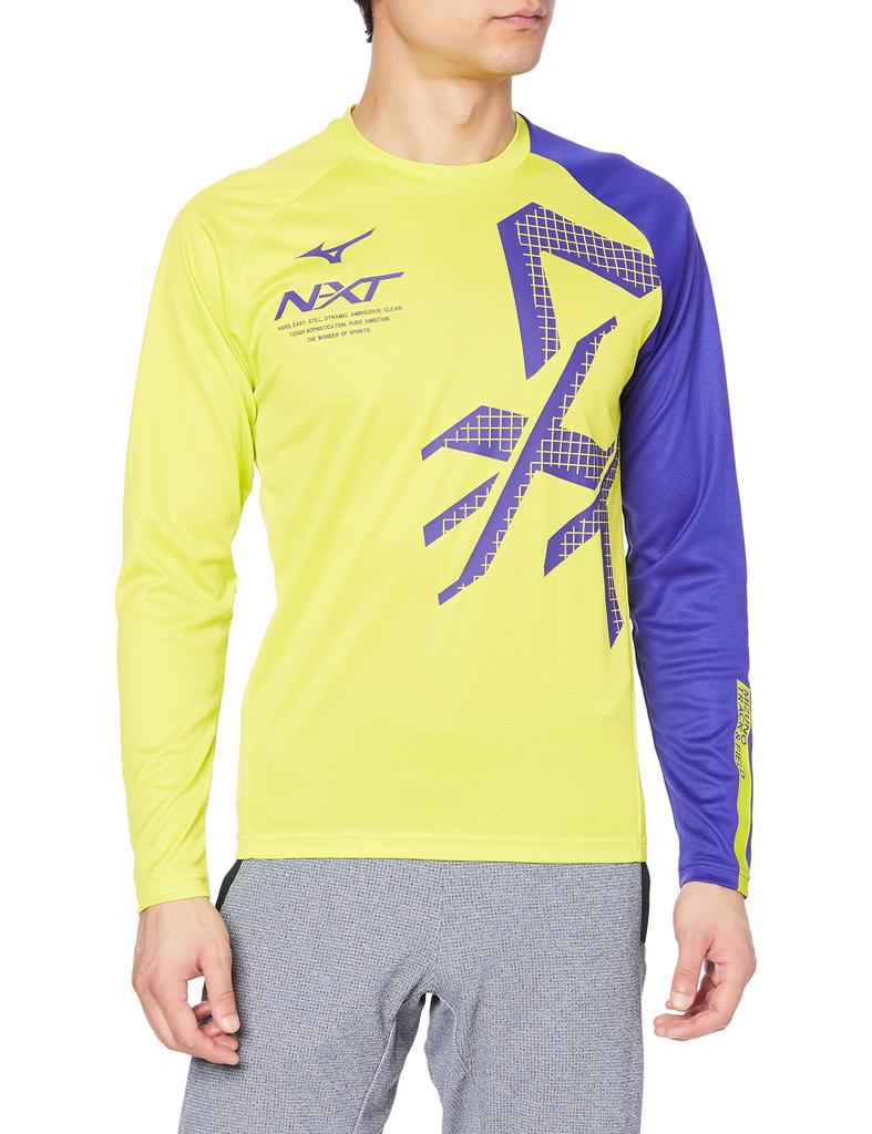Mizuno Practice Long Track and Field Running Lime Green x Deep Size XS N-XT Shirt, Sleeve, Moisture-Wicking, Quick-Drying, Wear, U2MA1520, Navy,