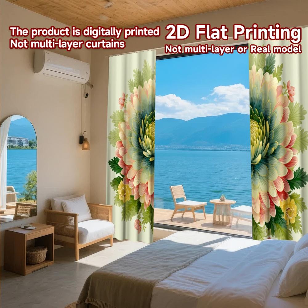 Set Of 2 Flat Printing Curtains Without Rod Floral Motif Design New Yearfestival Creative Durable Polyester Curtain