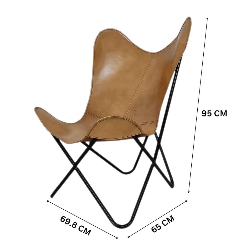 Camel Color Genuine Buff Leather Butterfly Chair - Comfortable Arm Rest Living Room Butterfly Chair – with Black Powder Coated Iron Stand