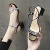 Sandals fairy fairy wind 2025 new rhinestone word with thick heel Roman high heels Internet celebrity two wear summer women's shoes