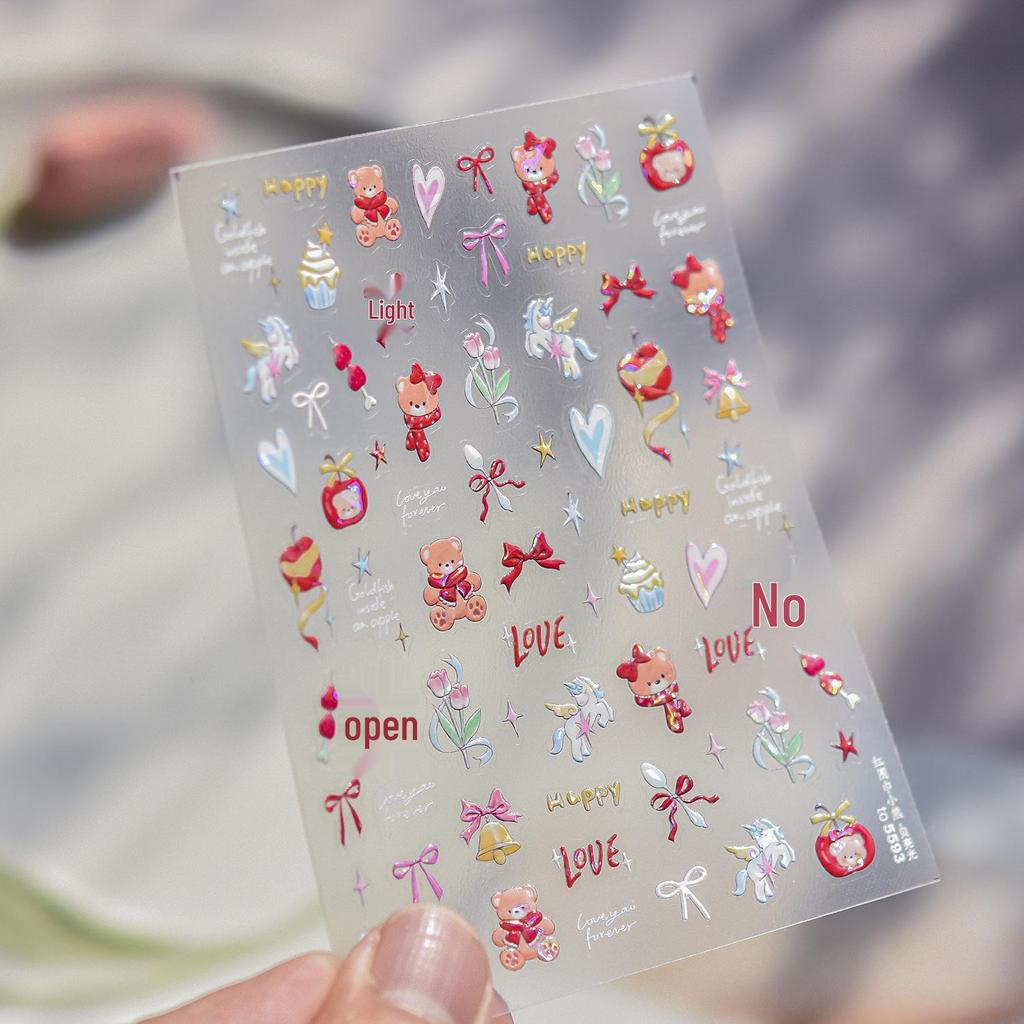 Tomoni Little Bear Red Scarf Nail Stickers: Cute Spring Shell Light Decorations