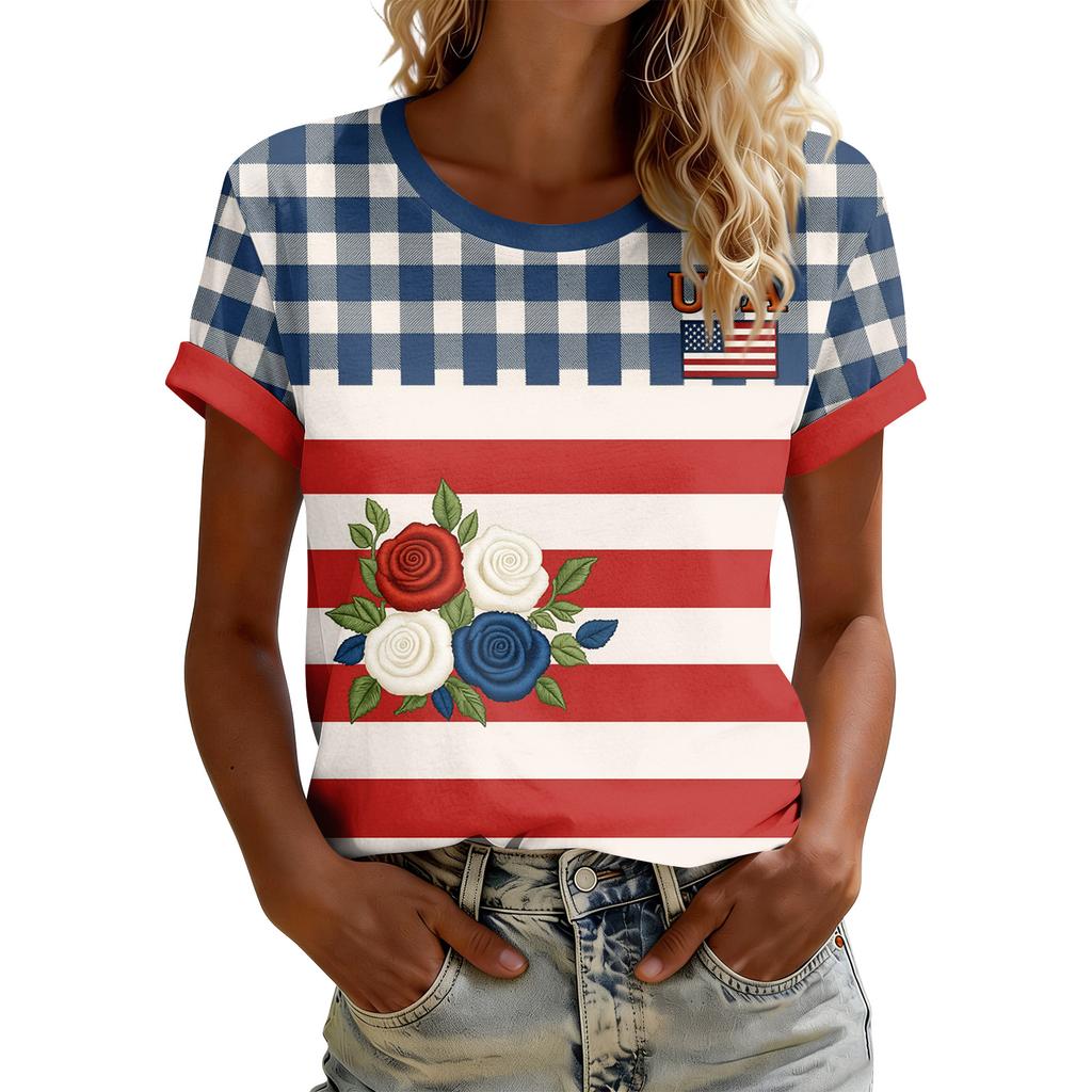 Women's American Floral Patchwork Print Casual T-Shirt 250Th Anniversary USA Shirt Patriotic Tshirt