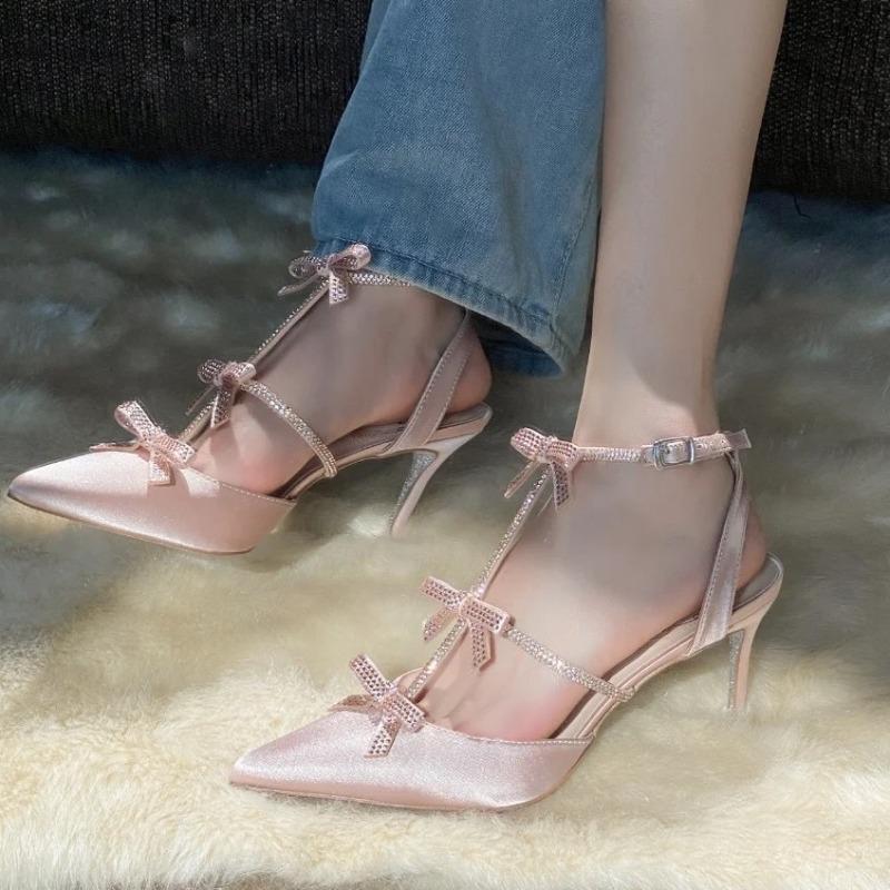 Beautiful satin high heels, rhinestone sandals, bow bag head, new shoes, women's bag head, word belt.