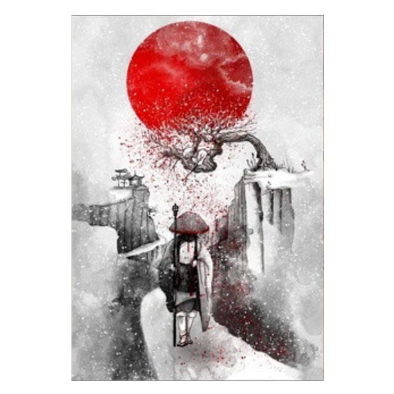 Japanese Ninja and Monk Mural Black Red Wall Art Canvas Painting Vintage Wall Art Pictures for Living Room Bedroom Home Decor No Frame