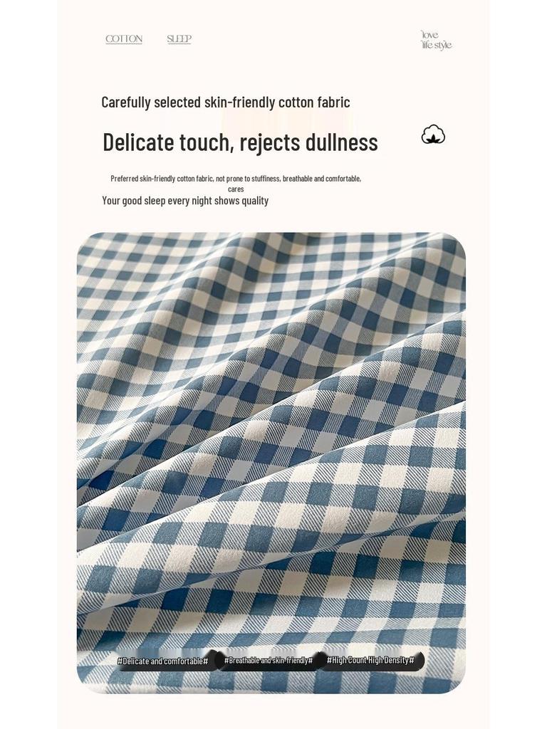Muji Style Plaid Peach Fuzz Cotton Bedding Set: Skin-friendly Bed Sheet, Fitted Sheet, Duvet Cover - 3 or 4 Piece Options for Dorm.