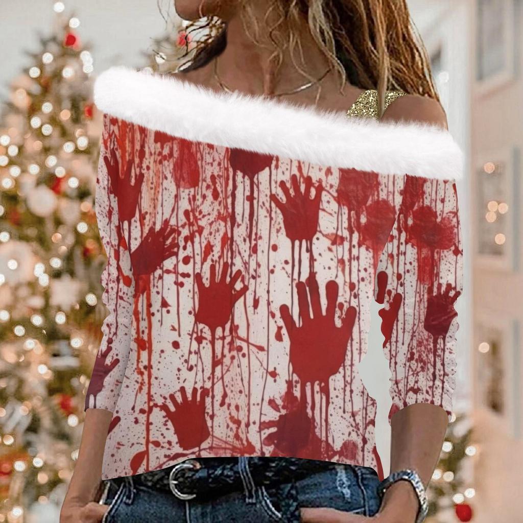 Women's Long Sleeve Tops Fashionable Women's Loose Halloween Print Off-Shoulder Pullover Tops