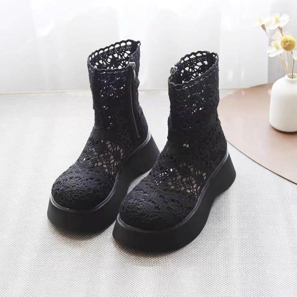Vintage thick-soled Roman cool boots for women's 2025 summer new fashion set-toed high-top sandals heightened zipper short boots
