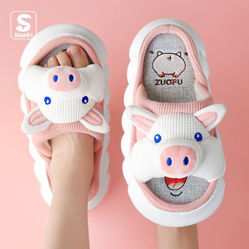 Fashion Animals Slippers Women Platform Shoes Cute Cartoon Thick Sole Home Slippers Pink Pig Slipper Ladies 4 Seasons Cotton Flax Slides