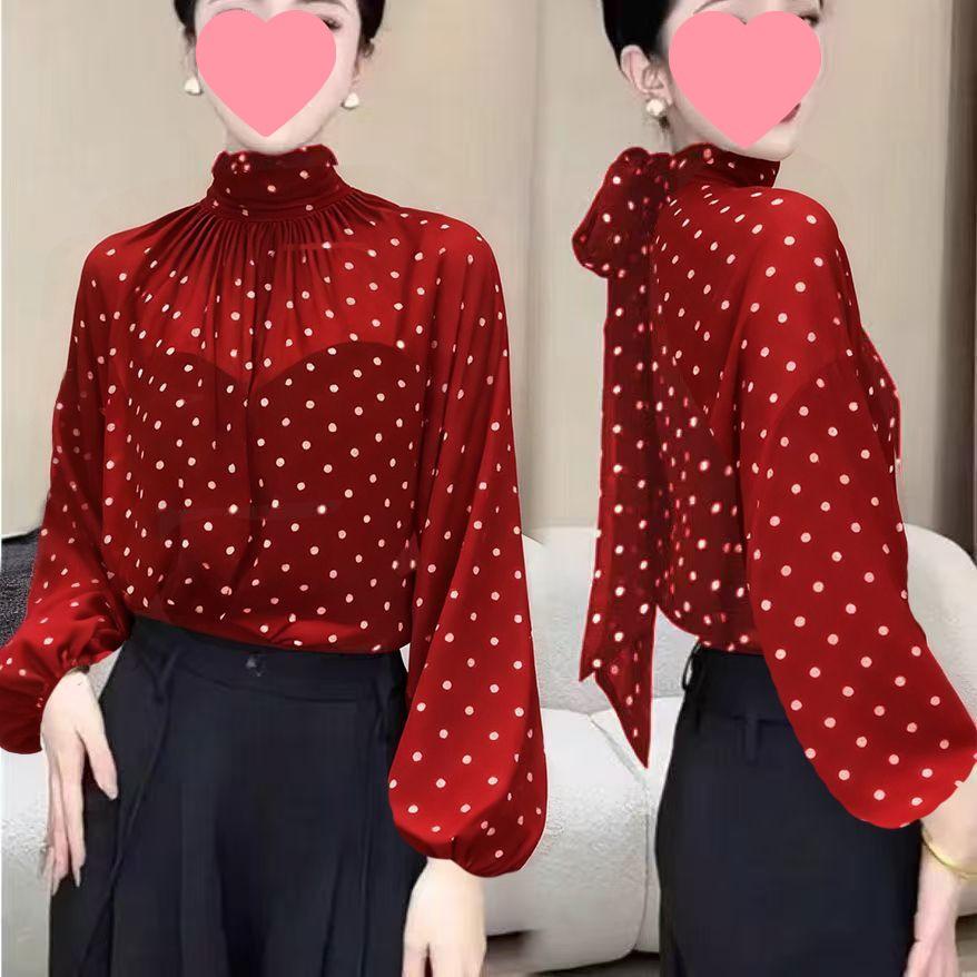 Damen-Oberteil im französischen Stil mit weiten Ärmeln und Pünktchen: Neue Sommer/Herbst Mode, Nischen Design, Elegant & Vielseitig.