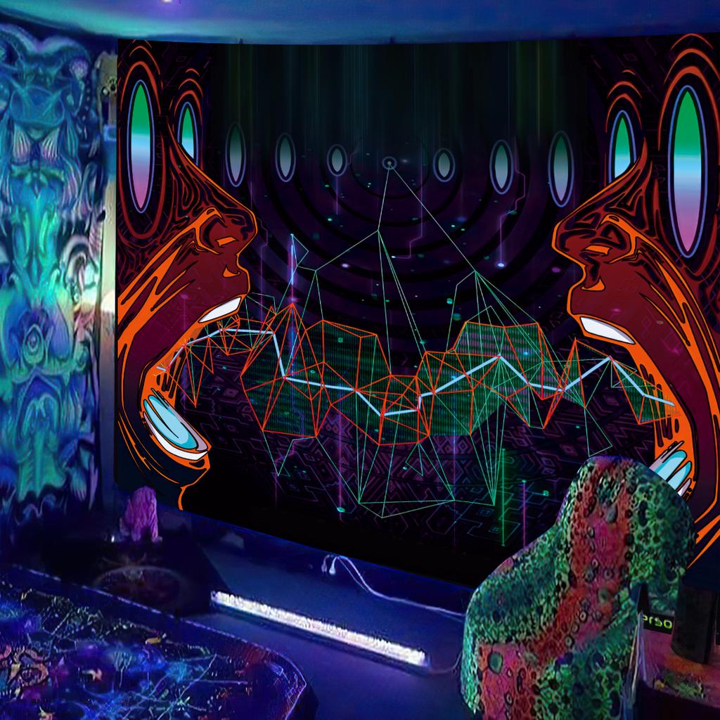 Black Light Tapestry Uv Reactive Psychedelic Mushroom Fractal Art Wall Hanging Bedroom Dorm Separate Room Decoration Wall Decor