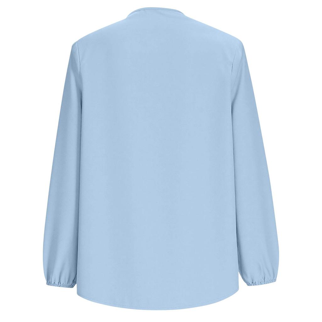 Modisches Damen Color V-Ausschnitt Langarm Plissiert Knopf Locker Lässiges Hemd Top