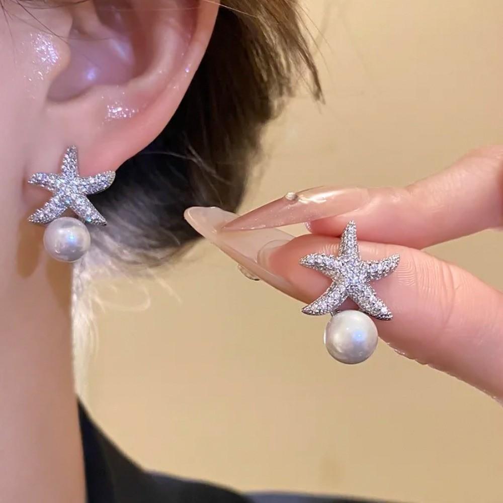 Zircon Korean Style Earrings Crystal Starfish Ear Studs Elegant Starfish Pearl Stud Earrings  Women