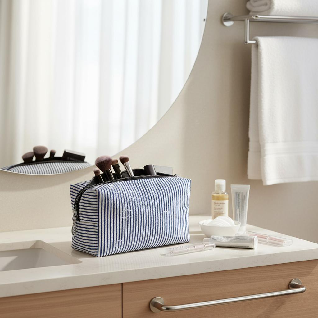 Striped Embroidery Makeup Bag Travel Cosmetic Organizer Waterproof Portable Toiletry Pouch For Women