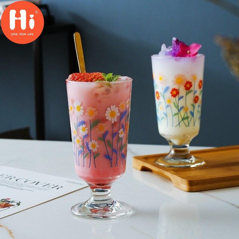 Hi Glass Cup Lovely Ručně malované Flowers Goblet Ice Cream Cup 280ml