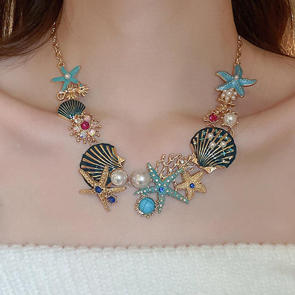 Necklace Earrings Set Featuring Starfish Shell Coral Designs With Alloy Rhinestones and Imitation Pearls for Women