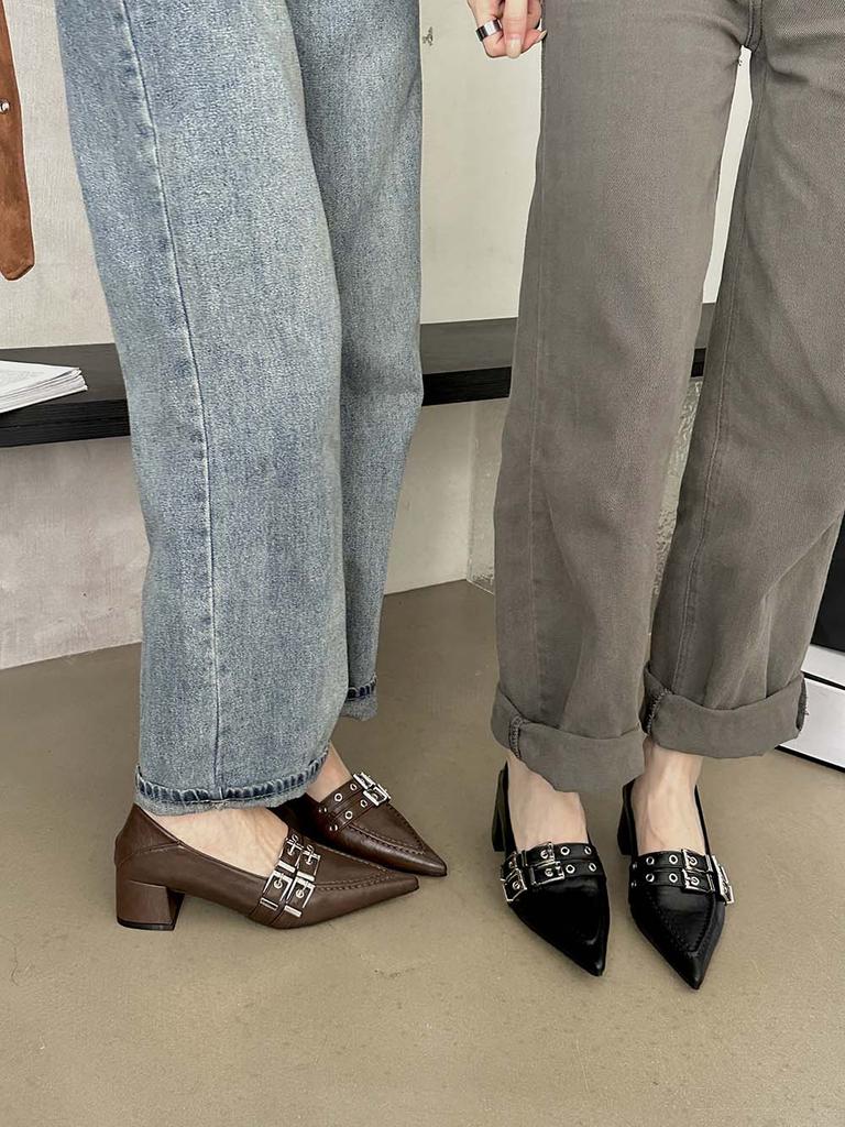 Fashion Fashion Women Loafers Pumps Pointed Toe Belt Buckle Rivet Design Slip On Autumn Spring Sexy Office Pumps Mules 35-39 Black Brown