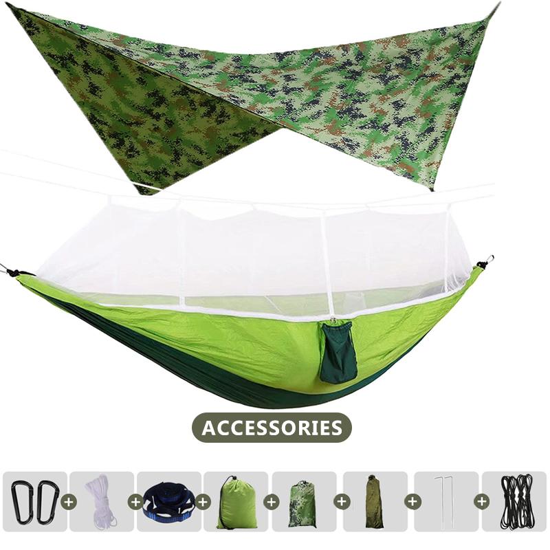 260x140cm Outdoor Double Camping Hammock with Mosquito Net and Rain Fly Tarp Lightweight Parachute Hammocks for Travel Hiking