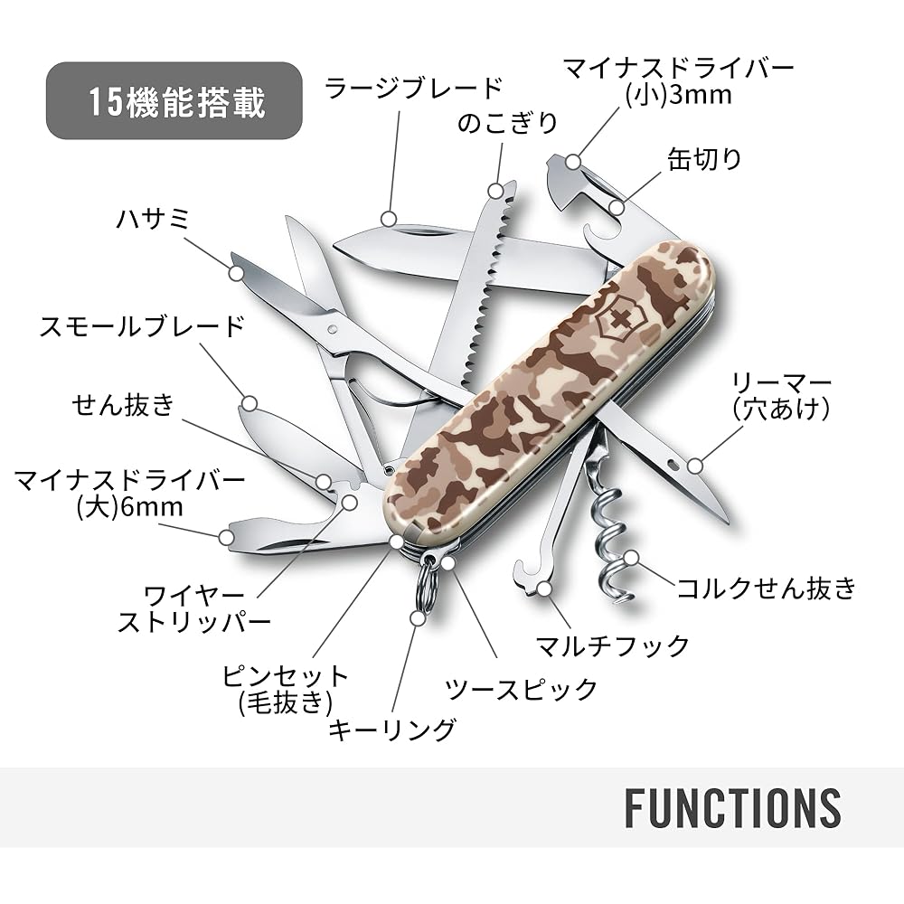 Victorinox Huntsman Desert Camouflage Swiss Army Knife Multi-Tool with Scissors and Saw 15 Functions Compact Size
