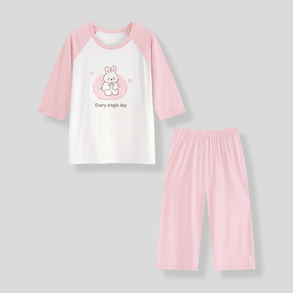 Girls' Air-Conditioned Pajama Set: 7-Point Sleeve & Pants, Ages 2-15, Sizes 80-160cm, Breathable Summer Sleepwear
