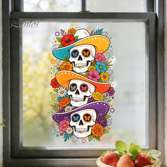 Bathroom Glass Static Clings Skeleton Undead Sticker, Waterproof PVC Decorative Decals, Durable Flexible Cut To Size Window Film for Autumn