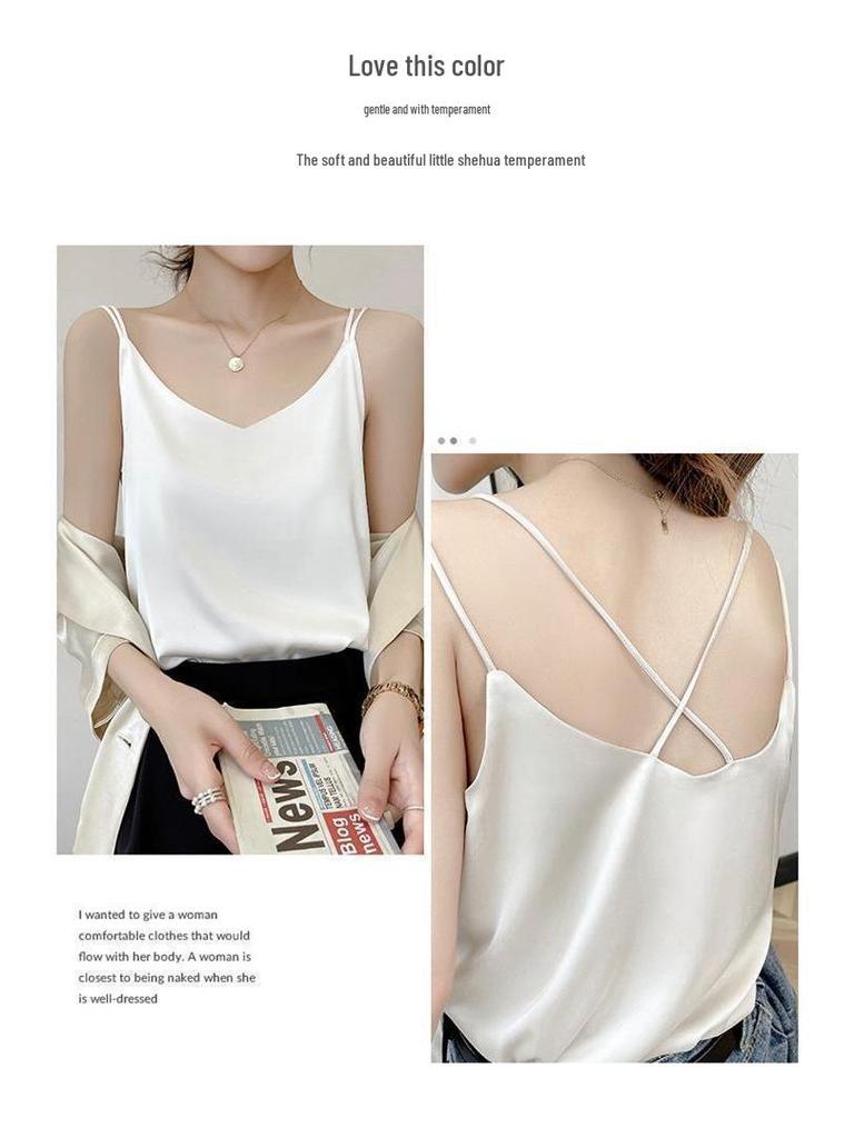 2025 Women's White Satin Camisole Tank Top: Elegant Back Design, Imitation Silk Summer Innerwear
