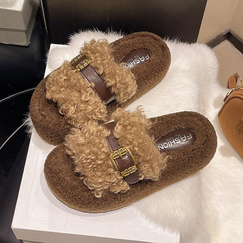 Winter fluffy slippers flat-bottomed non-slip one-word slippers wear thick-soled ins home cotton slippers