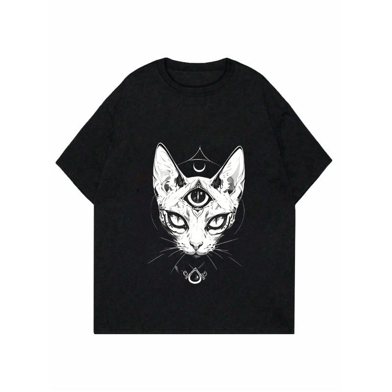 Women Casual T Shirt Black Cat With Third Eye And Moon Symbol Print For Everyday Wear And Boho Style Outfits