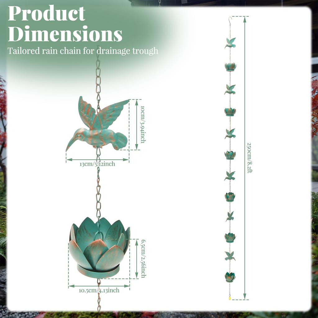 250cm Lotus Hummingbird Rain Chain Metal Outdoor Gutter Downspout Hanging Rain Catcher Diverter & Rainwater Garden Decoration