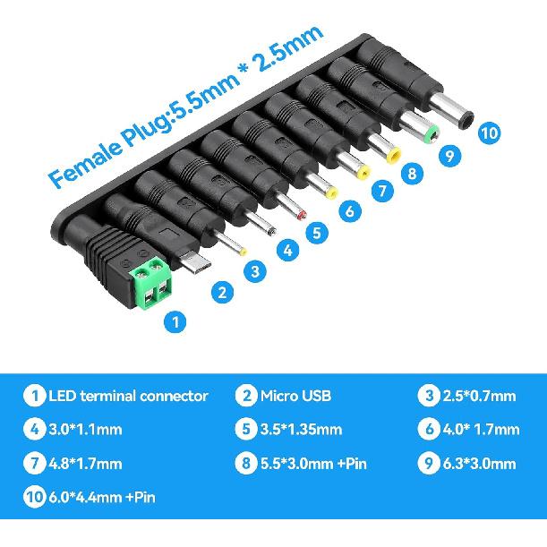 Power Supply AC Adapter DC 9V 1A Power Cord Universal Power Adapter 9V Charger with 10 Interchangeable Jacks Compatible with 1000mA 900mA 800mA 600mA
