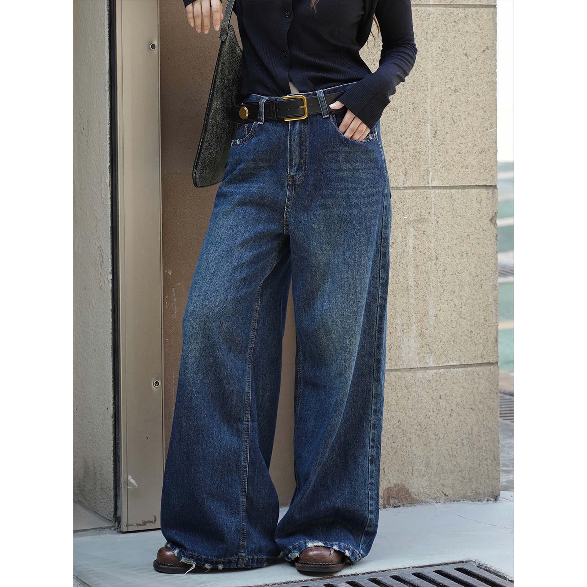 

Xu Man Autumn/Winter Korean Style Bottle Cap Belt Frayed Hem Wide Leg Jeans for Women S синий