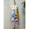 Women Sexy European American Printed V Neck Camisole Mid Length A Line Dress