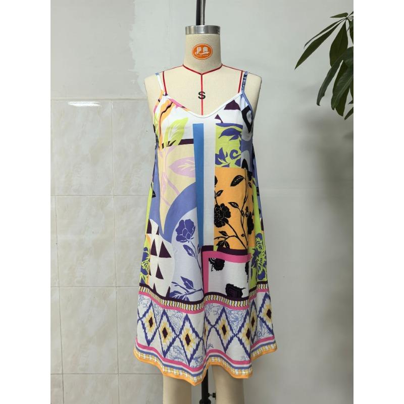 Women Sexy European American Printed V Neck Camisole Mid Length A Line Dress