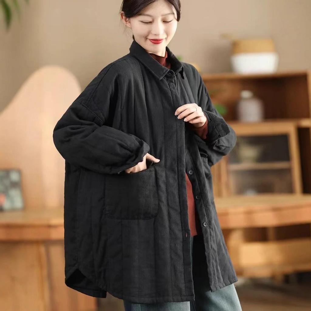 Women's Sand-Washed Linen Quilted Cotton Jacket with Large Pockets - Winter Mid-Length Style, Thickened and Warm.