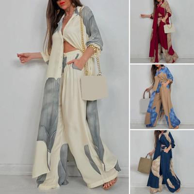 Women V-neck Patchwork Printed Top And Pants Suit Contrasting Color Commuting Set Wide-leg Trousers And Extra-length Top Loose Fit Outfit