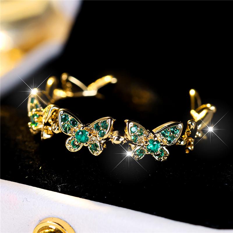 Cute Female Small Green Butterfly Adjustable Ring Vintage Yellow Gold Color Engagement Wedding Jewelry For Women