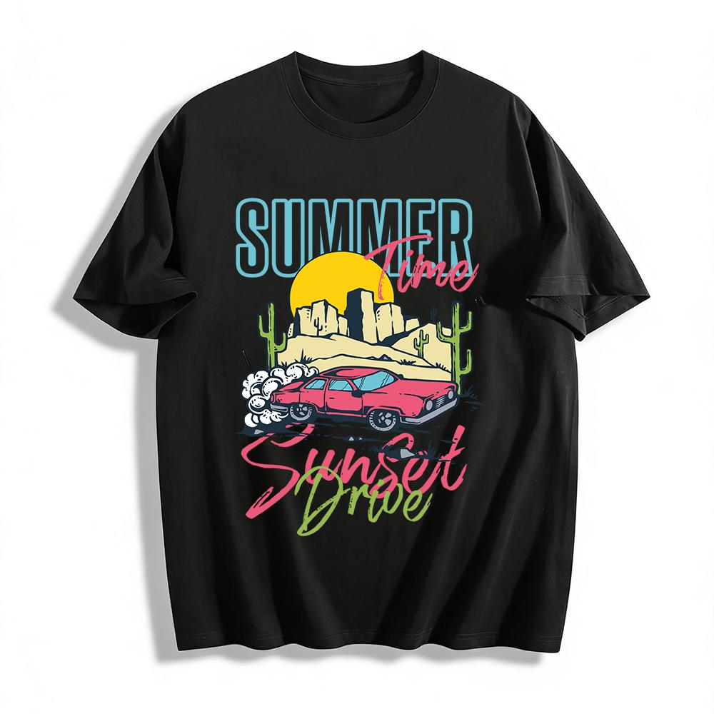 Summer Time Sunset Drive Vintage Graphic Tee Casual Vacation Top Pure cotton T-shirt XXS