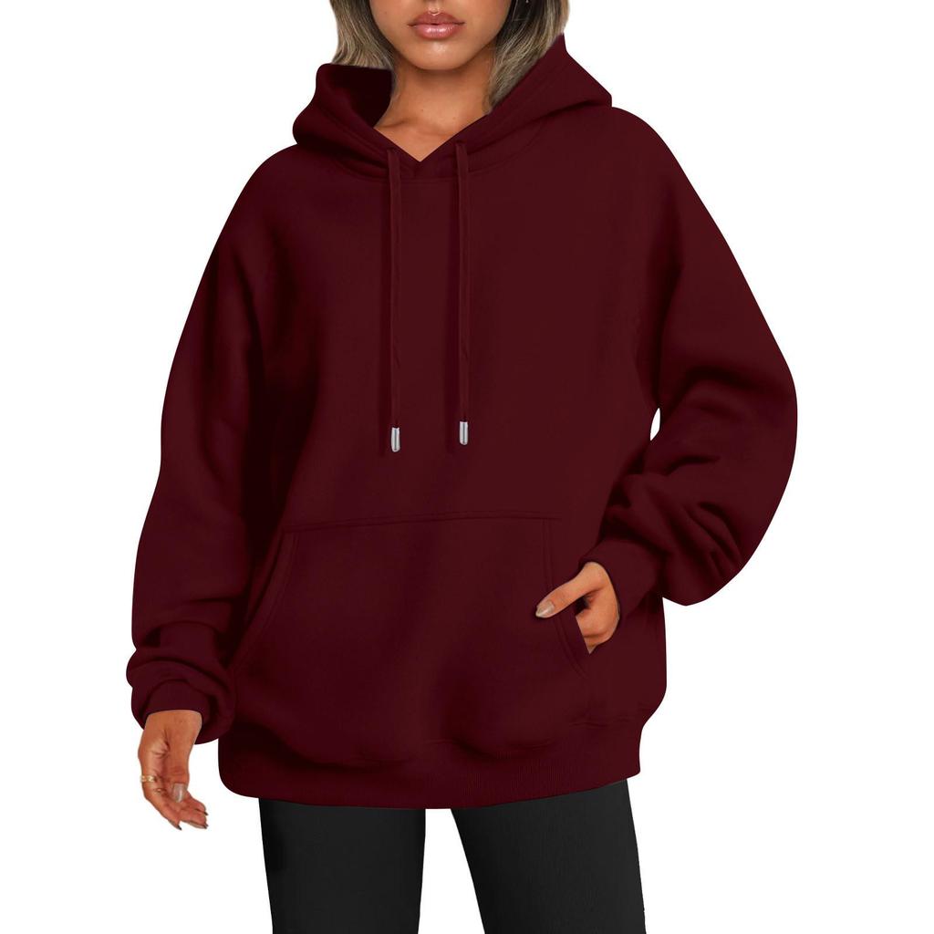 European 2023 Women's Autumn/Winter Plus Velvet Solid Color Loose Hooded Sweatshirt