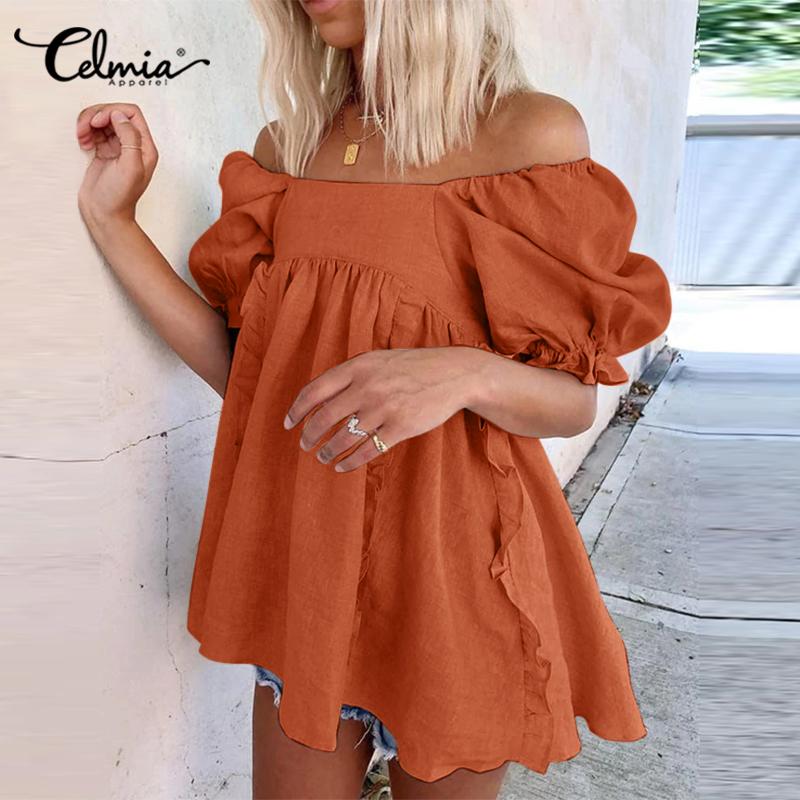 

Celmia Лето Женщины С плеча Хлопчатобумажная блузка Пуф с коротким рукавом Без спины Уличная одежда Сплошной цвет Повседневная Свободная рубашка Плюс Размер Топы
