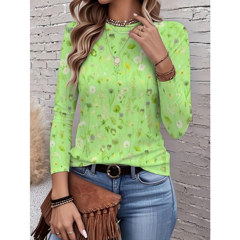 Women's long-sleeved T-shirt for autumn, small floral print, casual street style, round neck pullover, loose fit outdoor T-shirt