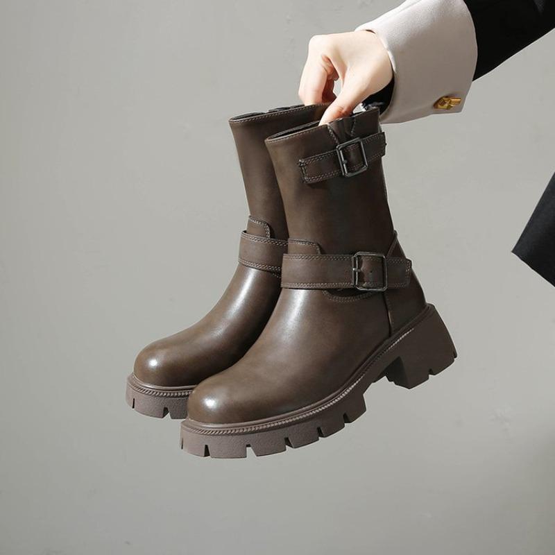 Leather Medium Knight Boots Women's Autumn New Rear Zipper Double Button Boots Black Versatile Leather Boots