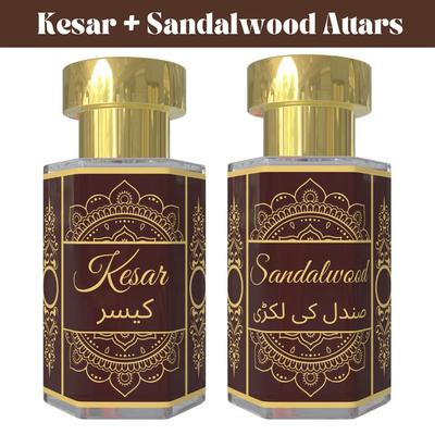 Kesar Attar a Sandalwood Attar Kombinace – Teplé Kořeněné & Jemné Dřevité Vonné Oleje | Bezalkoholová Unisex Roll-On Parfémová Sada | 2 x 6 ml