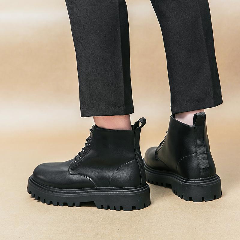 Fashion Men's round toe high top leather shoes Classic minimalist designer style Office outdoor leisure walking motorcycle men's boots