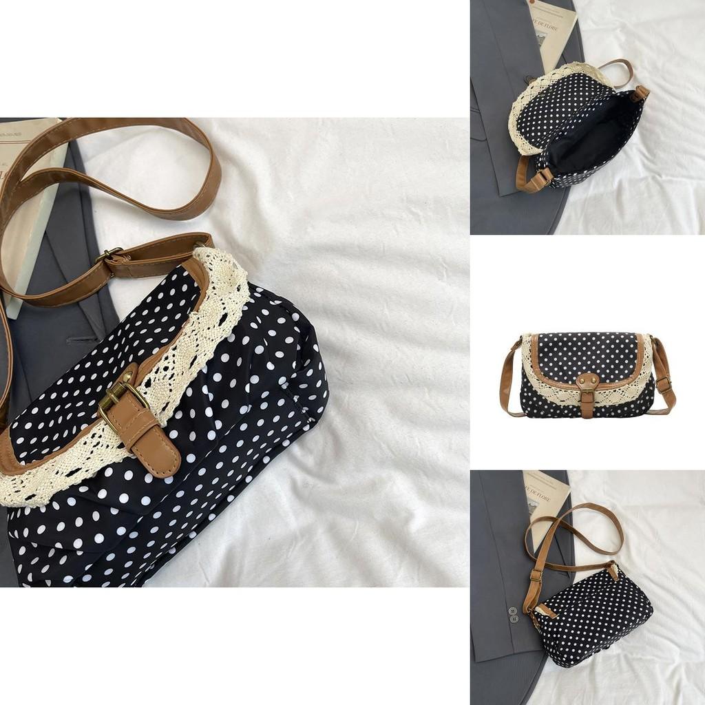 Small Square Polyester Crossbody Bag With Wave Point Design And Lace Decor For Street Fashion